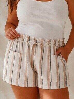 Beige Linen Striped Drawstring Shorts